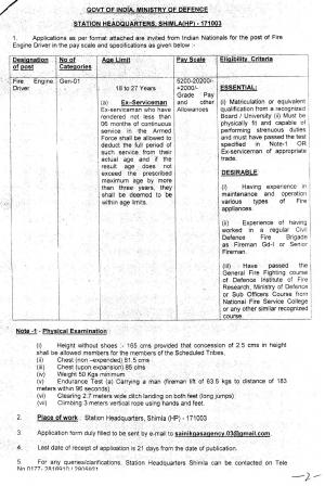 Ministry of Defence Recruitment 2017, Apply for Fire Engine Driver Post for Station HQ Shimla