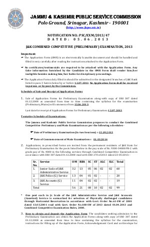 JKPSC Notified Recruitment for Posts of 99 Vacancies 2013