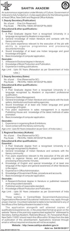 Sahitya Akademi Recruitment 2017 for 3 Deputy Secretary and Other Posts