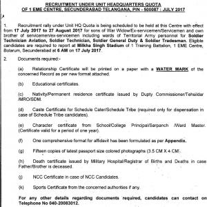 Indian Army Jobs, Apply for Soldier Technician and Other at Unit HQ of EME Centre, Secunderabad