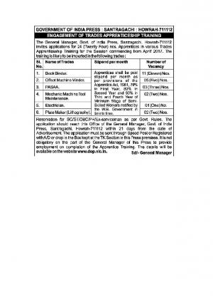 Government of India Press, Santragachi Recruitment 2017 for 24 Book Binder & Other Posts