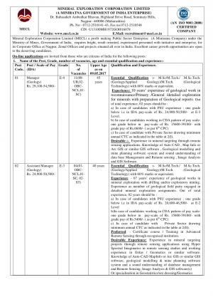 MECL Recruitment 2017 for 15 Manager and Assistant Manager (Geology) Posts