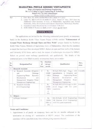 MPKV Recruitment 2017 for 05 Research Associate and Helper Posts