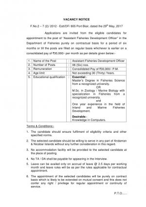 Dir. of Fisheries, A& N Admin Recruitment 2017 for Asst Fisheries Development Officer Posts