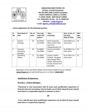 HIL Recruitment 2017 for 16 Posts of Marketing Officers, Finance Manager & Others