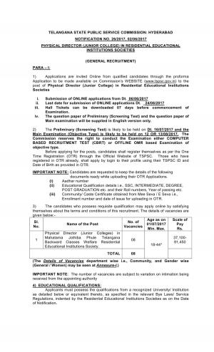 Detailed Notification for Physical Director (Junior College) 