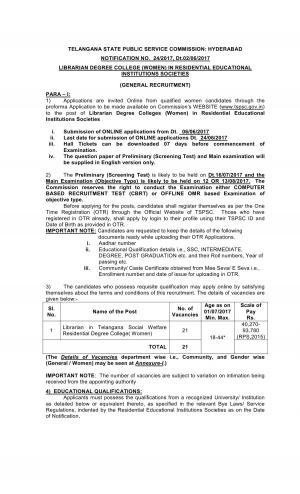 Detailed Notification for Librarian Degree College (Women) 