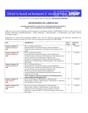 CSIR-URDIP Recruitment 2017 for 62 Project Assistant Posts