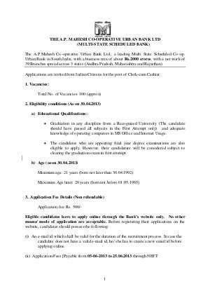 Notification A P Mahesh Bank Clerk Posts