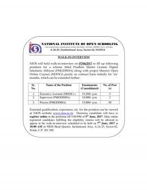 NIOS Recruitment 2017 for 57 Proctor & Other Posts