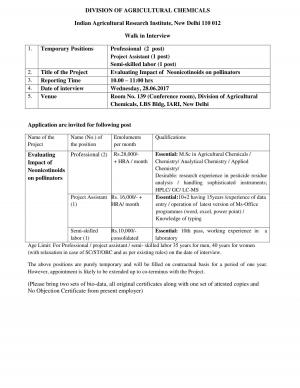 ICAR-IARI Recruitment 2017 for 04 Professional, Project Assistant & Semi-skilled labor Posts