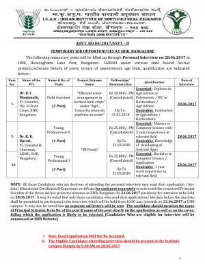 ICAR-IIHR Recruitment 2017 for 03 Field Assistant and Young Professional Posts 