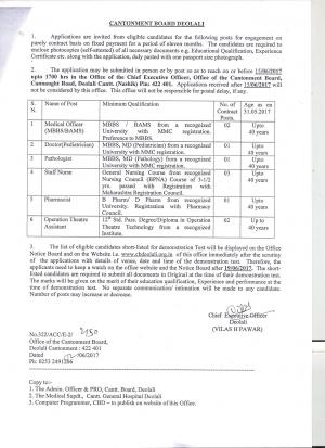 Cantonment Board Deolali Recruitment 2017, 10 Vacancies for Staff Nurse and Other 