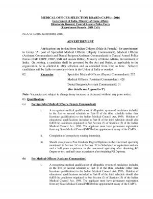  CRPF Recruitment 2017 for 661 Sr. Medical Officer, Medical Officer & Dental Surgeon Posts 