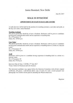 Jamia Hamdard, New Delhi Recruitment 2017 for 06 Posts of Teaching Assistant, Care Taker & Others
