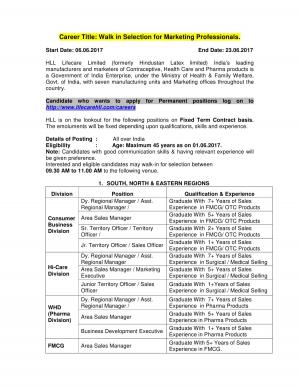 HLL Lifecare Ltd Recruitment 2017 for Marketing Professionals