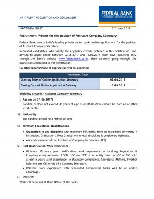 Federal Bank Recruitment 2017 for Assistant Company Secretary Post