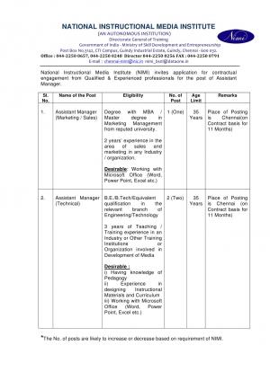 NIMI Recruitment 2017 for Assistant Manager (Marketing / Sales) Post