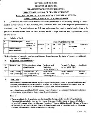 Ministry of Defence (DGQA) Recruitment 2017 for 04 MTS Posts