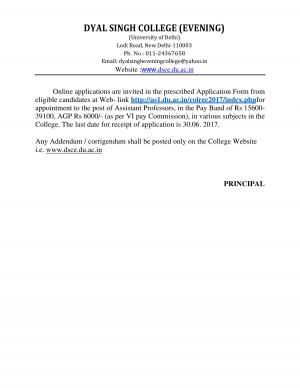 Dyal Singh College (Evening), DU Recruitment 2017 for 58 Assistant Professor Posts