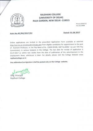 Rajdhani College Recruitment 2017 for 62 Assistant Professor Posts