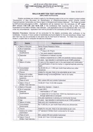 ICMR-NIN Recruitment 2017 for 03 SRF & Data Entry Operator & Others
