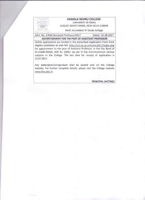 Kamla Nehru College Recruitment 2017 for 34 Assistant Professor Posts