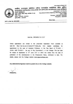 SRCASW, DU Recruitment 2017 for 34 Assistant Professor Posts