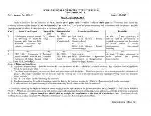 ICAR-NRCB Recruitment 2017 for 03 Posts of Technical Assistants & Others