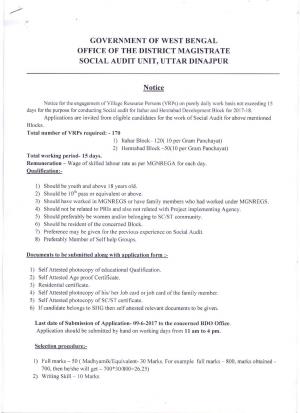 District Magistrate, Dinajpur Recruitment 2017 for 170 Village Resource Person Posts