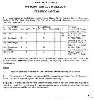 Central Ordnance Depot, Ministry of Defence Recruitment 2017 for 10 LDC and Other Post