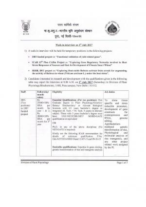 ICAR- IARI Recruitment 2017 for 4 JRF, Young Professional II & SRF Posts