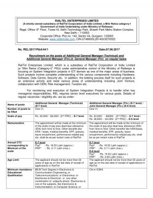 Railtel Enterprises Limited Recruitment 2017 for 02 Additional General Manager Posts