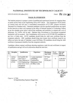 NIT, Calicut Recruitment 2017 for 08 Posts of Junior Engineers (Civil)