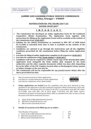 JKPSC Recruitment 2017 for 277 Junior Scale of J&K Administrative Service & Other Posts