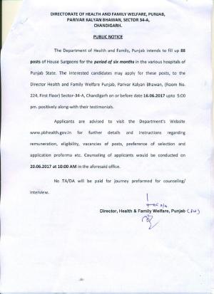 Dir. Of Health & Family Welfare, Punjab Recruitment 2017 for 88 House Surgeons Post 