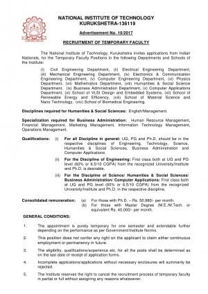 NIT, Kurukshetra Recruitment 2017 for Faculty Posts 