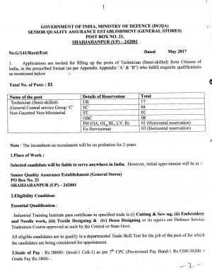 Ministry Of Defence Recruitment 2017 for 35 Technician Posts