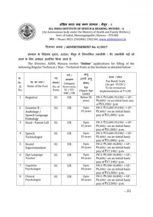 AIISH, Mysuru Recruitment 2017 for 17 Executive Assistant & Other Posts