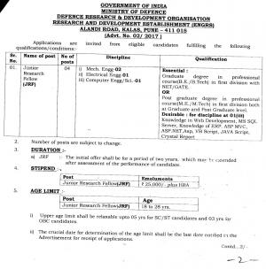 Ministry of Defence Recruitment 2017 for 04 JRF Posts