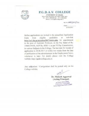 PGDAV College, DU Recruitment 2017 for 38 Posts of Assistant Professors