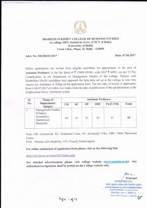 SSCBS, Delhi University Recruitment 2017 for 10 Posts of Assistant Professors
