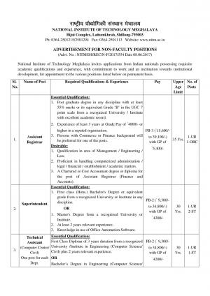 NIT, Meghalaya Recruitment 2017 for 11 Superintendent and Other Posts