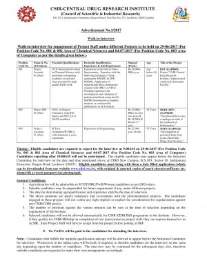 CSIR-CDRI Recruitment 2017 for 03 Project Scientist and Other Posts