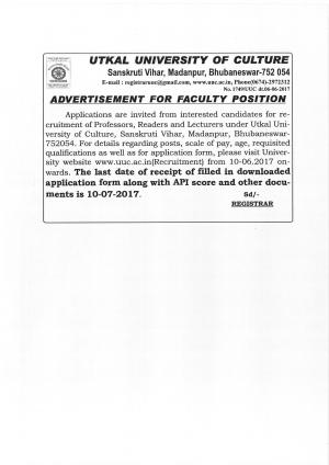 Utkal University of Culture Recruitment 2017, 16 Vacancies for Faculty Posts