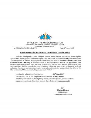 RMSA, Assam Recruitment 2017 for 19 Graduate Teacher (Hindi) Posts