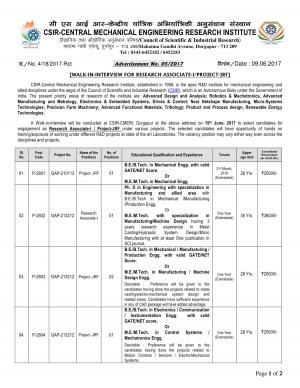 CSIR-CMERI Recruitment 2017 for 06 Posts of JRF & Project Associates