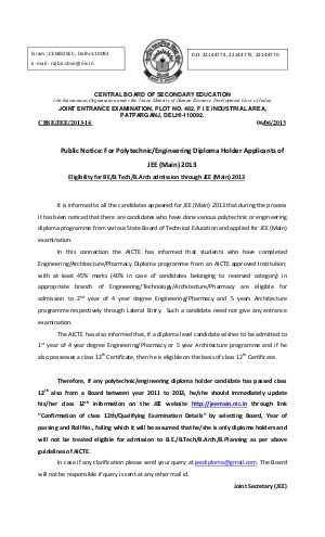 CBSE Joint Entrance Examination JEE 2013-14