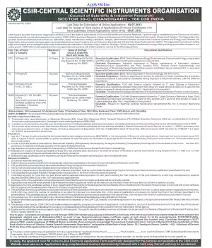 CSIR-CSIO invites online applications for recruitment to the posts of Technical Officer & Technical Asst