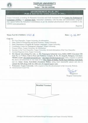 Tezpur University Recruitment 2017, 4 Vacancies for Research Associate and Other Posts 